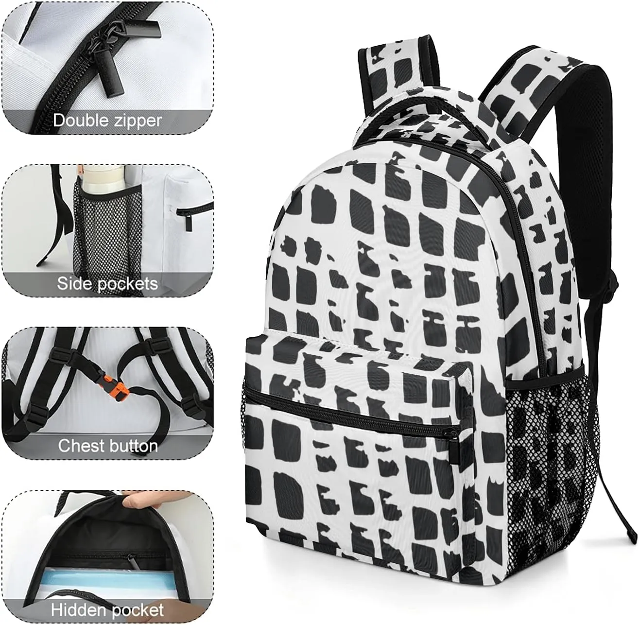 Black Watercolor Squares Lizard Skin Kids Backpack, Student School Bags for Boys & Girls, Bookbags with Adjustable Strapfor Travel