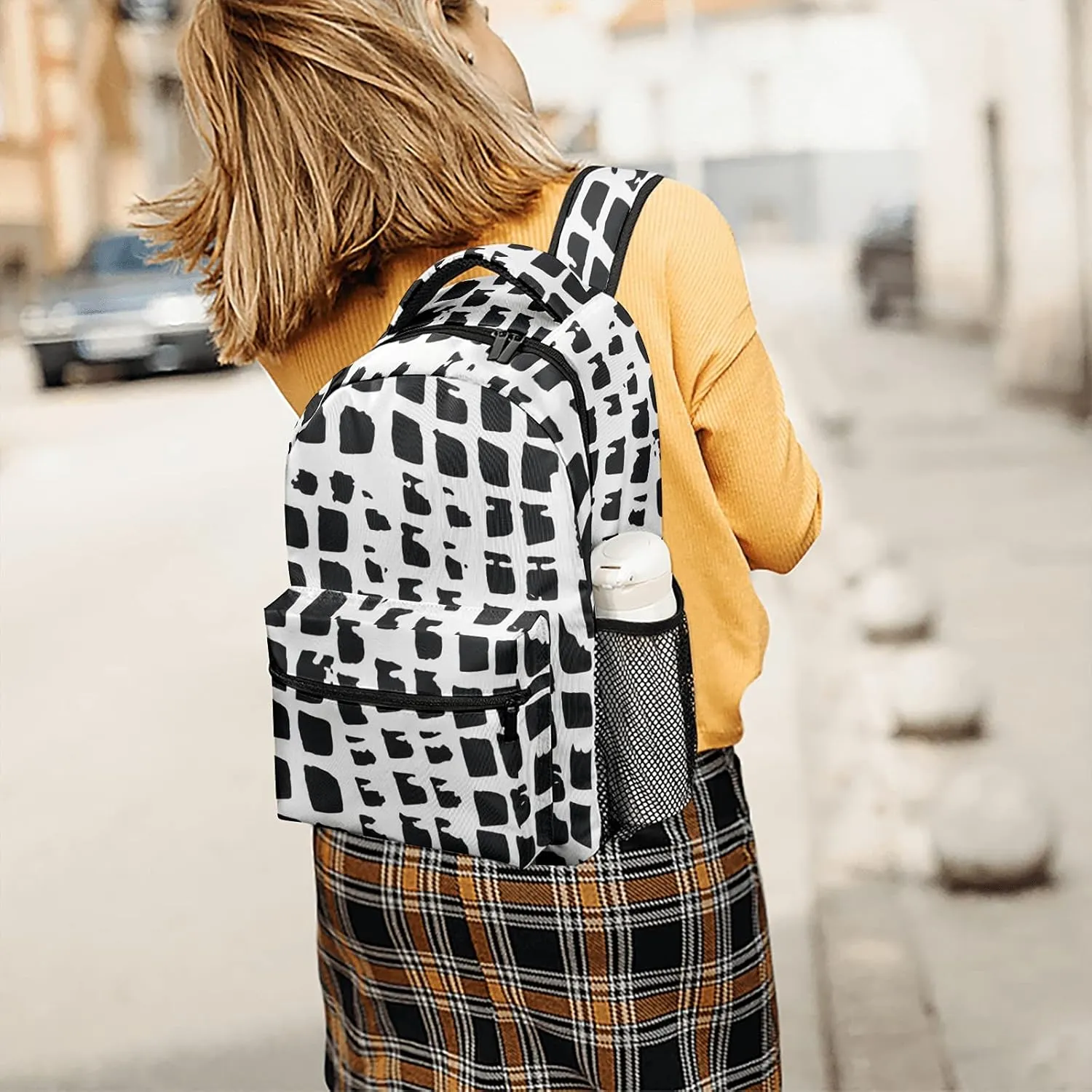 Black Watercolor Squares Lizard Skin Kids Backpack, Student School Bags for Boys & Girls, Bookbags with Adjustable Strapfor Travel
