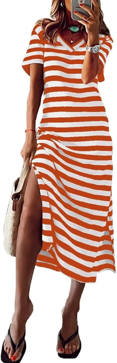 BLENCOT Women Summer Dress Striped Short Sleeve V Neck Sundress Casual Side Slit Beachwear T-Shirt Dresses