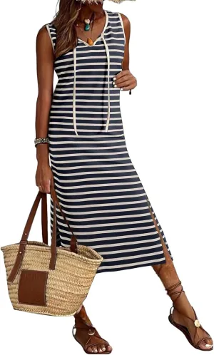 BLENCOT Womens 2025 Spring Summer V Neck Striped Dress Sleeveless String Side Slit Casual Maxi Beach Dress