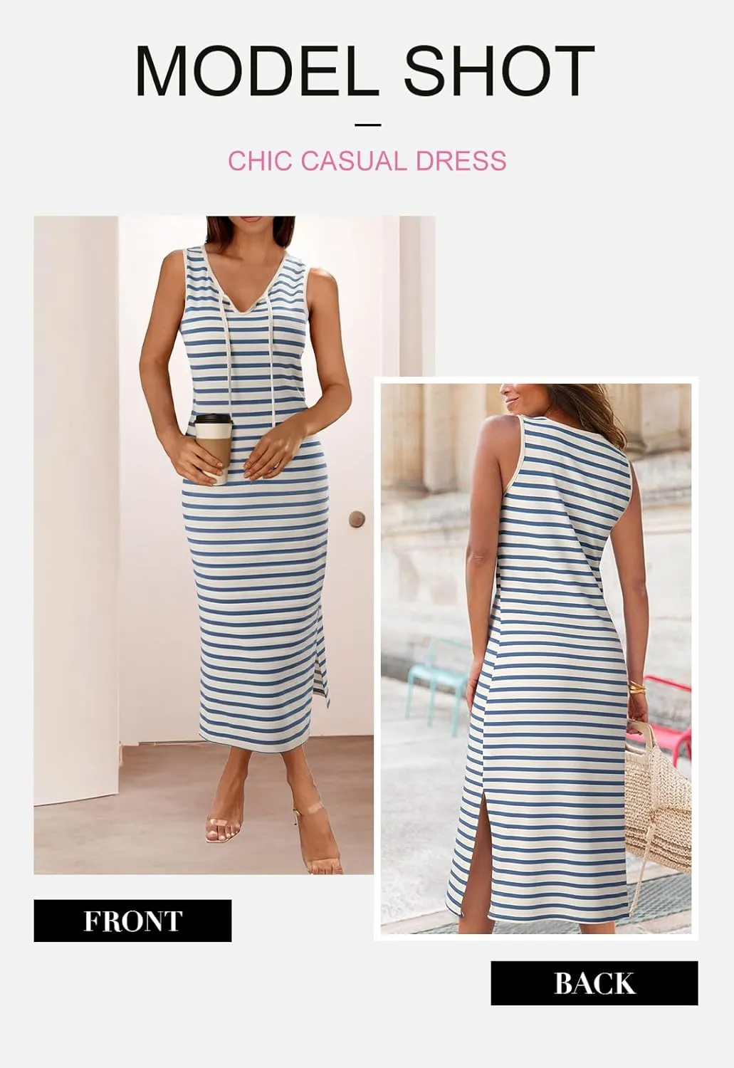 BLENCOT Womens 2025 Spring Summer V Neck Striped Dress Sleeveless String Side Slit Casual Maxi Beach Dress