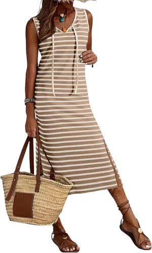 BLENCOT Womens 2025 Spring Summer V Neck Striped Dress Sleeveless String Side Slit Casual Maxi Beach Dress