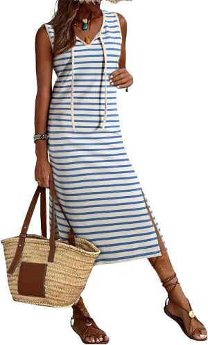 BLENCOT Womens 2025 Spring Summer V Neck Striped Dress Sleeveless String Side Slit Casual Maxi Beach Dress