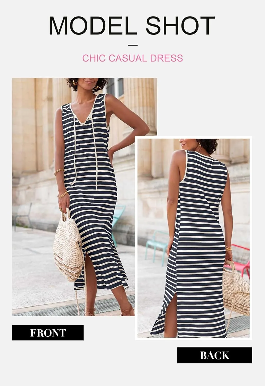 BLENCOT Womens 2025 Spring Summer V Neck Striped Dress Sleeveless String Side Slit Casual Maxi Beach Dress