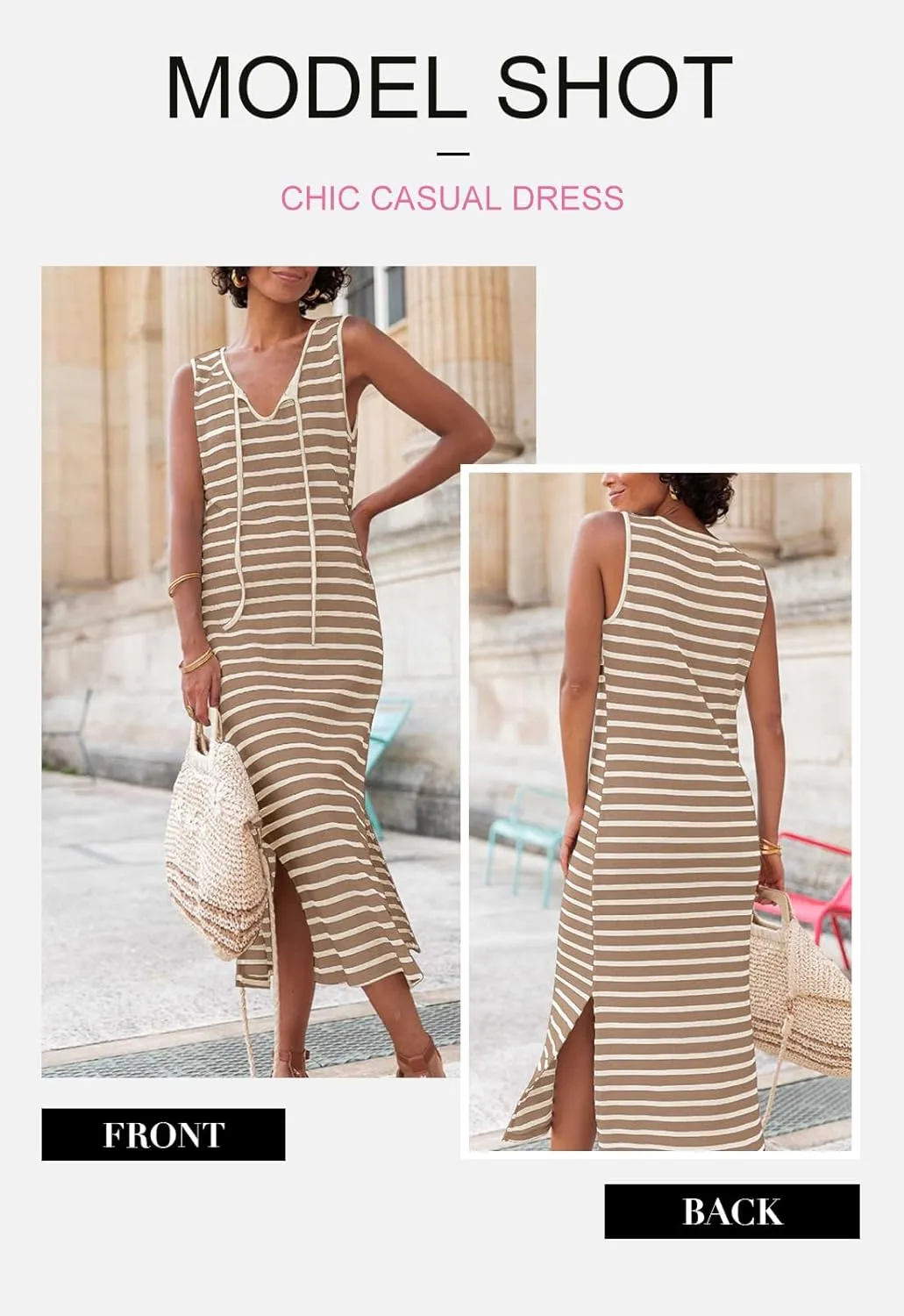 BLENCOT Womens 2025 Spring Summer V Neck Striped Dress Sleeveless String Side Slit Casual Maxi Beach Dress