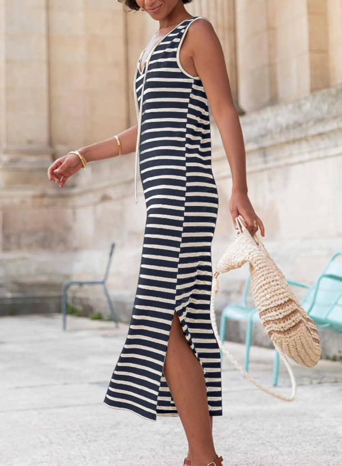 BLENCOT Womens 2025 Spring Summer V Neck Striped Dress Sleeveless String Side Slit Casual Maxi Beach Dress