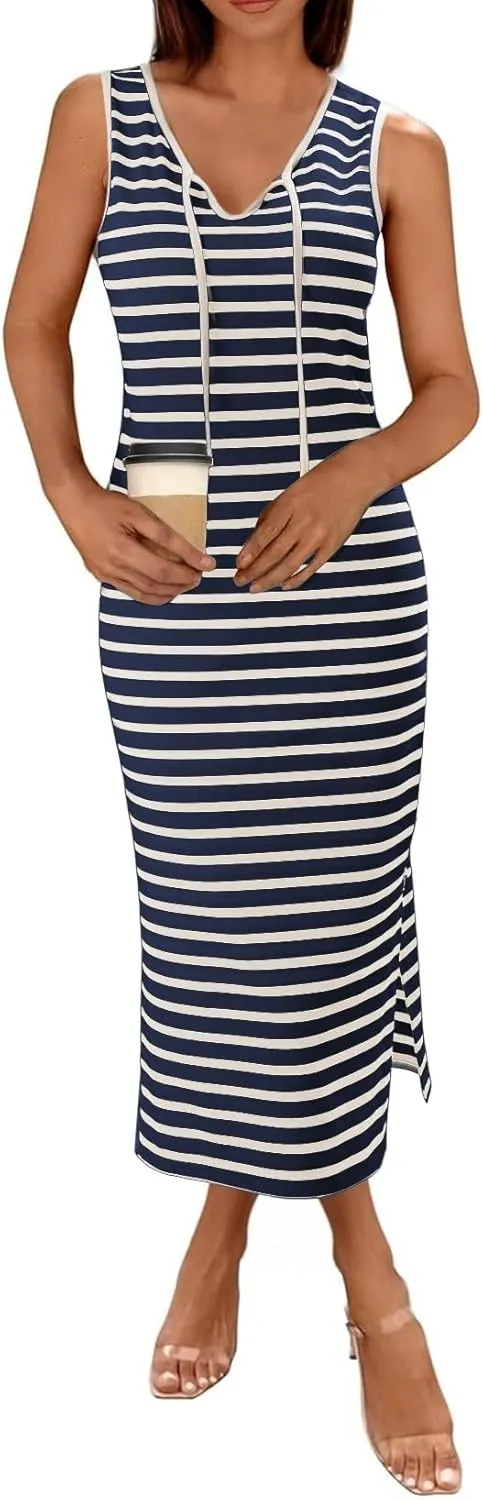 BLENCOT Womens 2025 Spring Summer V Neck Striped Dress Sleeveless String Side Slit Casual Maxi Beach Dress