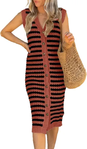BLENCOT Women's V Neck Striped Summer Tank Dress Causal Sleeveless Button Cardigan Midi Cover Up Dresses