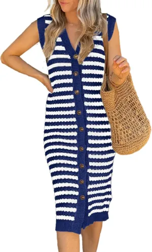 BLENCOT Women's V Neck Striped Summer Tank Dress Causal Sleeveless Button Cardigan Midi Cover Up Dresses
