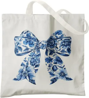 Blue and White Chinoiserie Prints Canvas Tote Bag for Women, Reusable Folding Shopping Bags with Handles
