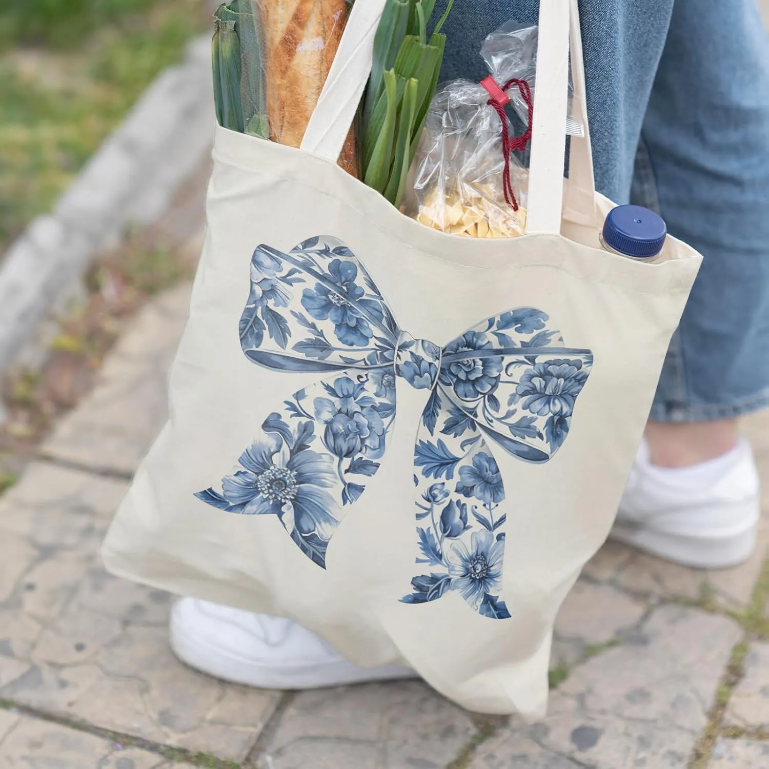 Blue and White Chinoiserie Prints Canvas Tote Bag for Women, Reusable Folding Shopping Bags with Handles