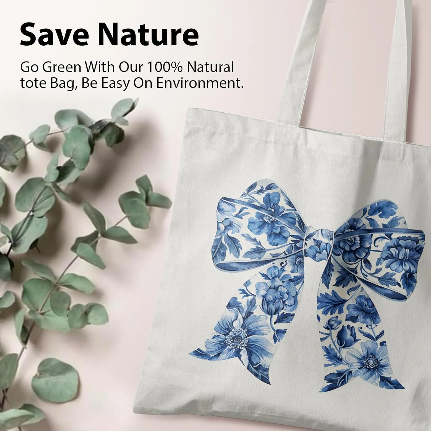 Blue and White Chinoiserie Prints Canvas Tote Bag for Women, Reusable Folding Shopping Bags with Handles