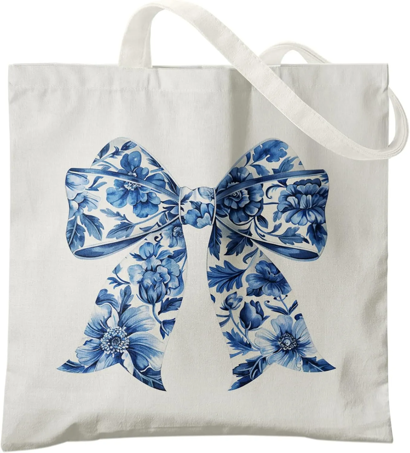 Blue and White Chinoiserie Prints Canvas Tote Bag for Women, Reusable Folding Shopping Bags with Handles