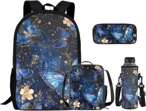 Blue Butterfly 17 Inch Backpack Set with Lunch Bag, Pencil Case, Water Bottle Holder for Girls, Children, School Supplies