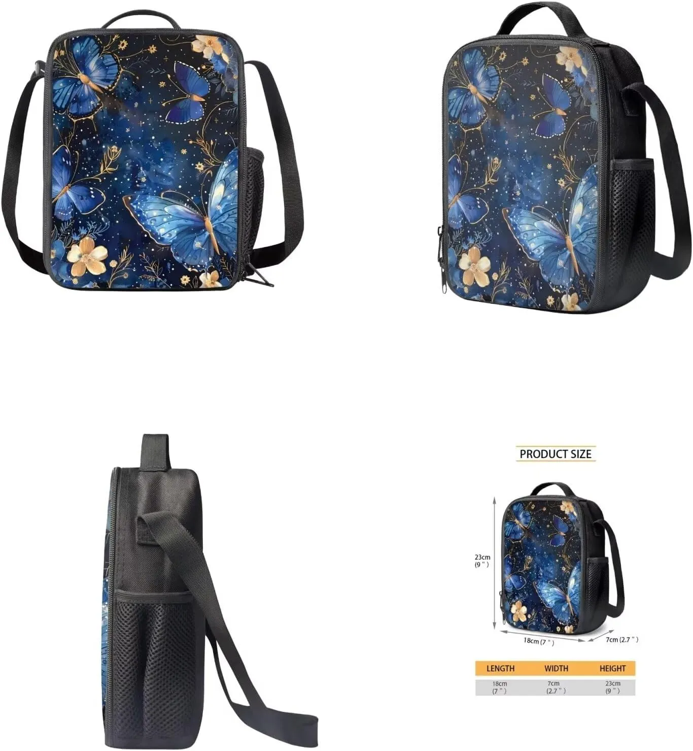 Blue Butterfly 17 Inch Backpack Set with Lunch Bag, Pencil Case, Water Bottle Holder for Girls, Children, School Supplies