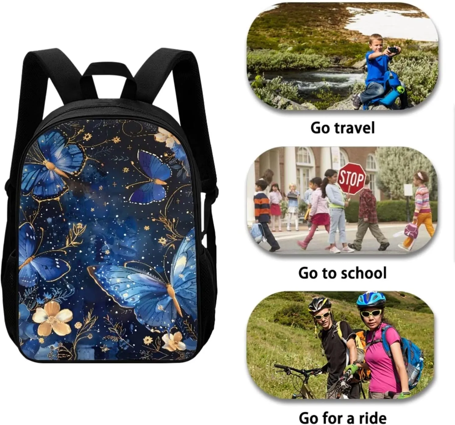 Blue Butterfly 17 Inch Backpack Set with Lunch Bag, Pencil Case, Water Bottle Holder for Girls, Children, School Supplies