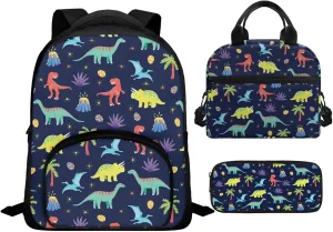 Blue Dinosaur Backpack for Boys 5-7 Lightweight Bookbag with Lunch Box and Cartoon Graphic Pencil Case Fashion School Bag for Kindergarten Students Outdoor Trips