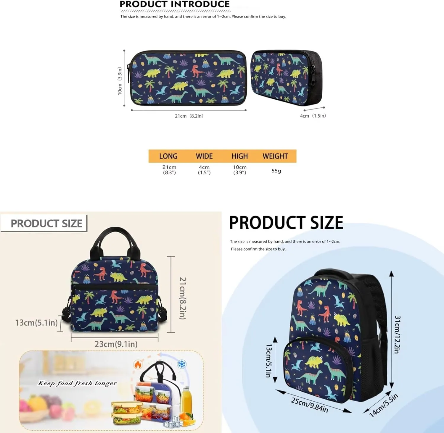 Blue Dinosaur Backpack for Boys 5-7 Lightweight Bookbag with Lunch Box and Cartoon Graphic Pencil Case Fashion School Bag for Kindergarten Students Outdoor Trips