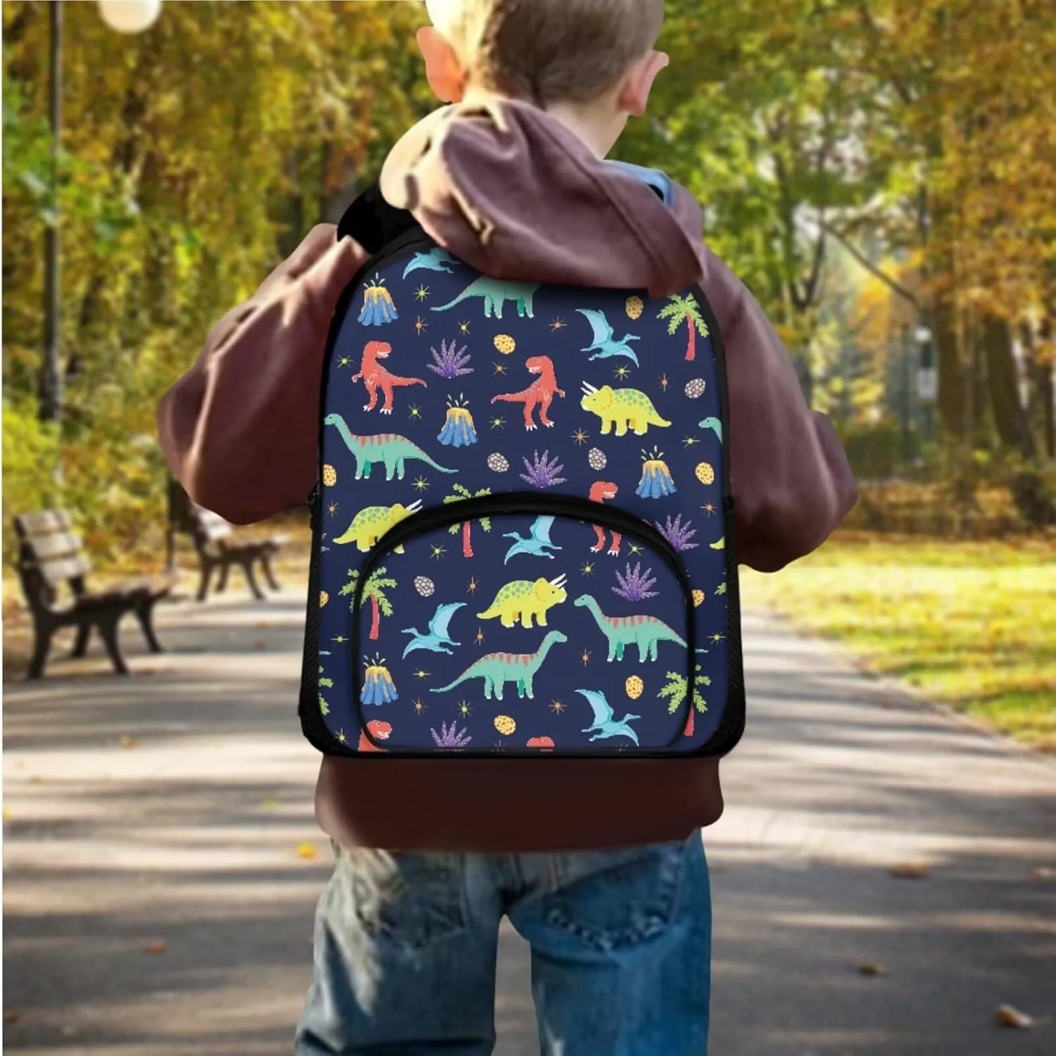 Blue Dinosaur Backpack for Boys 5-7 Lightweight Bookbag with Lunch Box and Cartoon Graphic Pencil Case Fashion School Bag for Kindergarten Students Outdoor Trips
