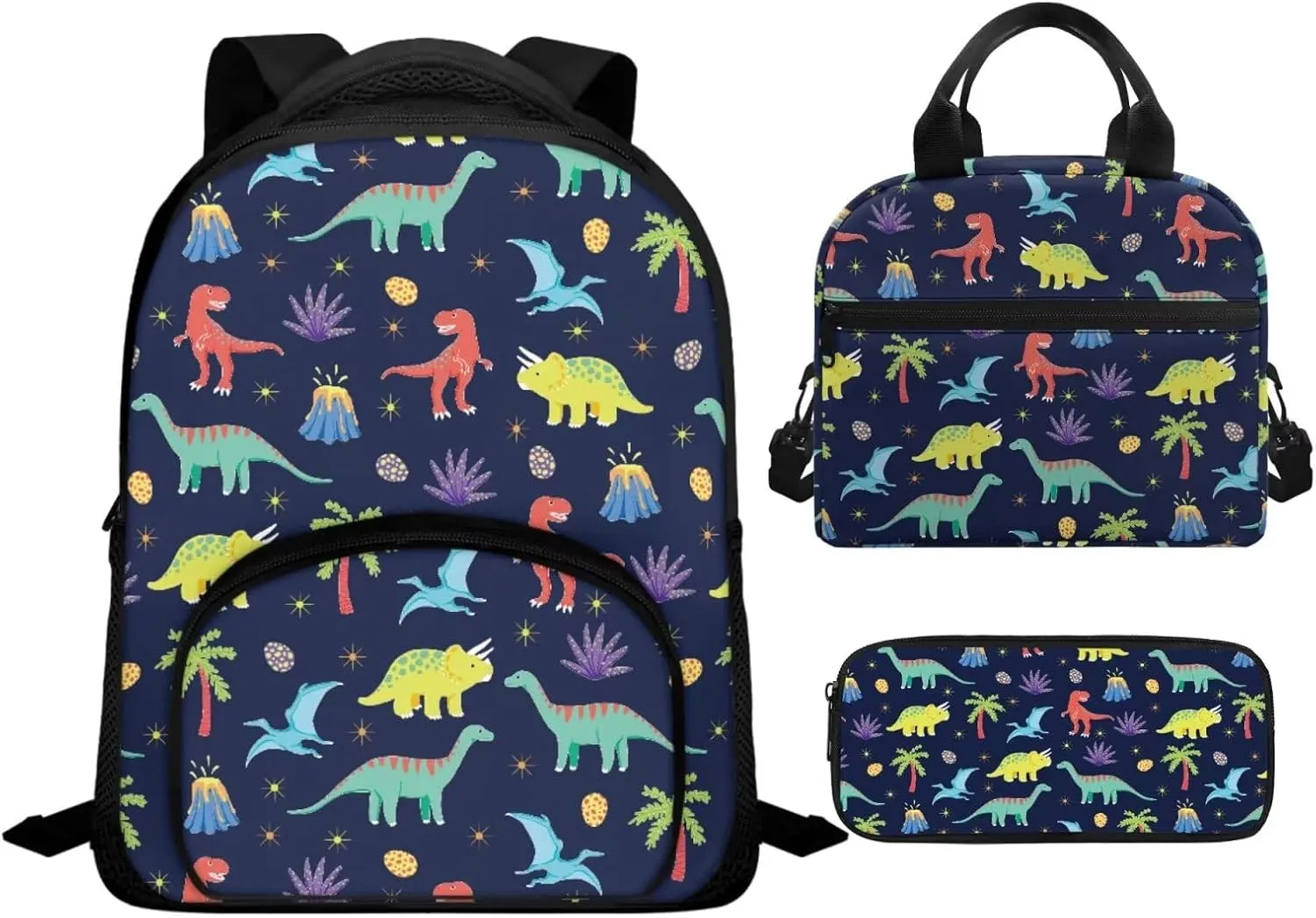 Blue Dinosaur Backpack for Boys 5-7 Lightweight Bookbag with Lunch Box and Cartoon Graphic Pencil Case Fashion School Bag for Kindergarten Students Outdoor Trips