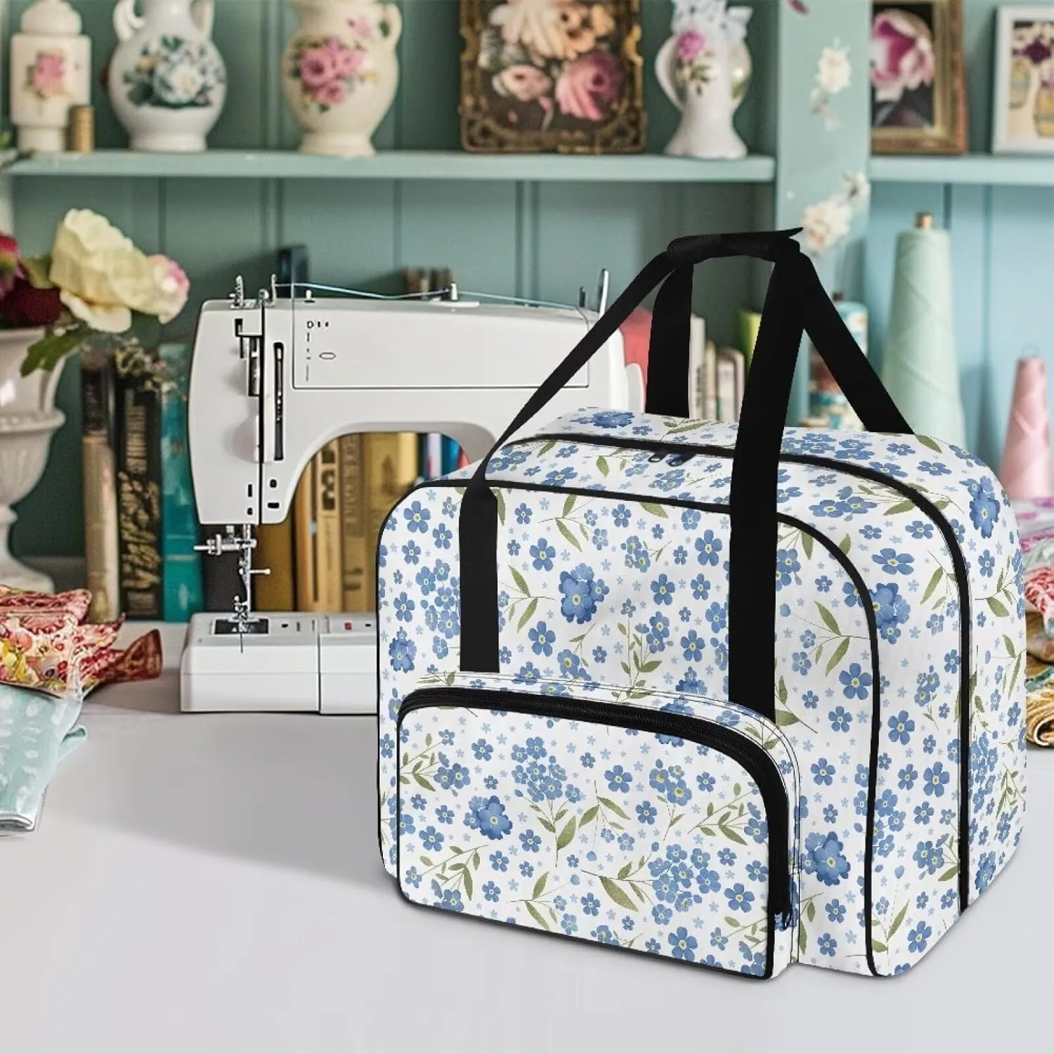 Blue Flower Sewing Machine Carrying Cases Sewing Machine Hard Case for Most Standard Sewing Machines Easy to Remove and Wash High Capacity Cover for Sewing Machine