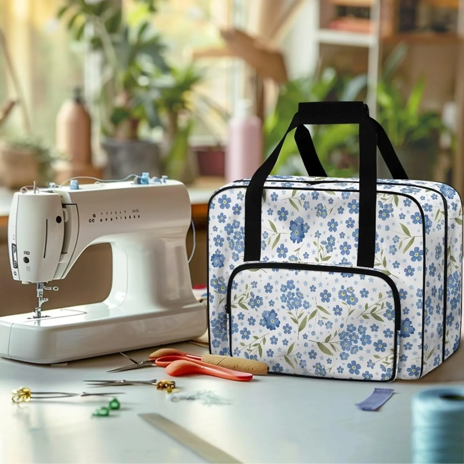 Blue Flower Sewing Machine Carrying Cases Sewing Machine Hard Case for Most Standard Sewing Machines Easy to Remove and Wash High Capacity Cover for Sewing Machine