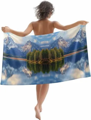 Blue Green Mountain Microfiber Sandproof Beach Towel for Pool Swimming, Forest Pastoral Modern Art Quick Dry Absorbent Soft Towels for Bath Camping Travel, Lightweight Breathable 30"x60"