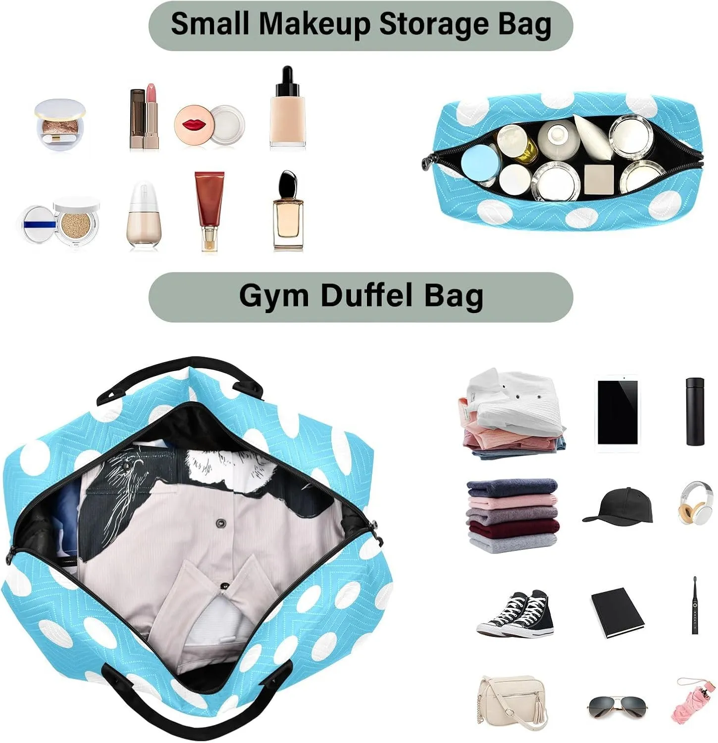 Blue Light Polka Dot Sports Gym Bag for Women Men Travel Duffel Bag Weekend Overnight Carry on Bag with Toiletry Bag Training Handbag for Workout Swimming Yoga Plane Hospital