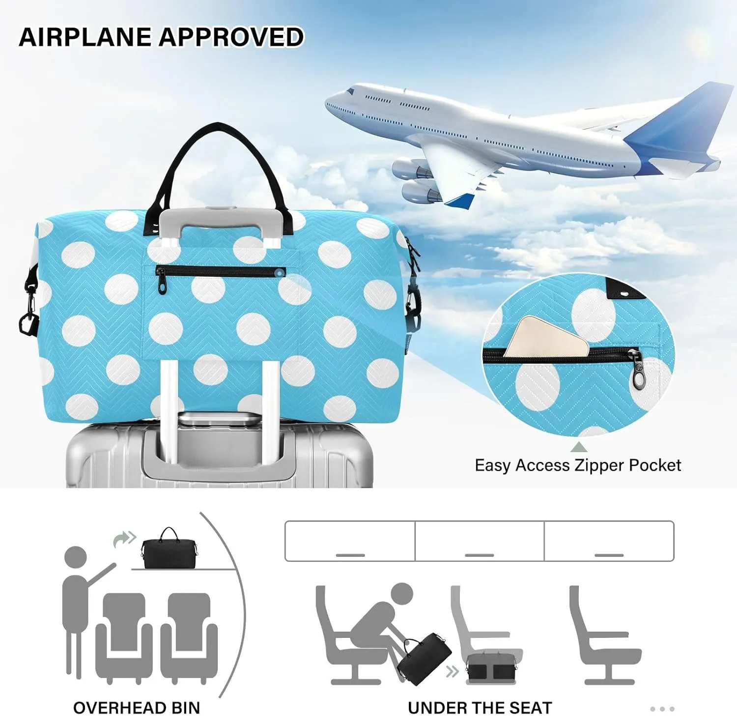 Blue Light Polka Dot Sports Gym Bag for Women Men Travel Duffel Bag Weekend Overnight Carry on Bag with Toiletry Bag Training Handbag for Workout Swimming Yoga Plane Hospital