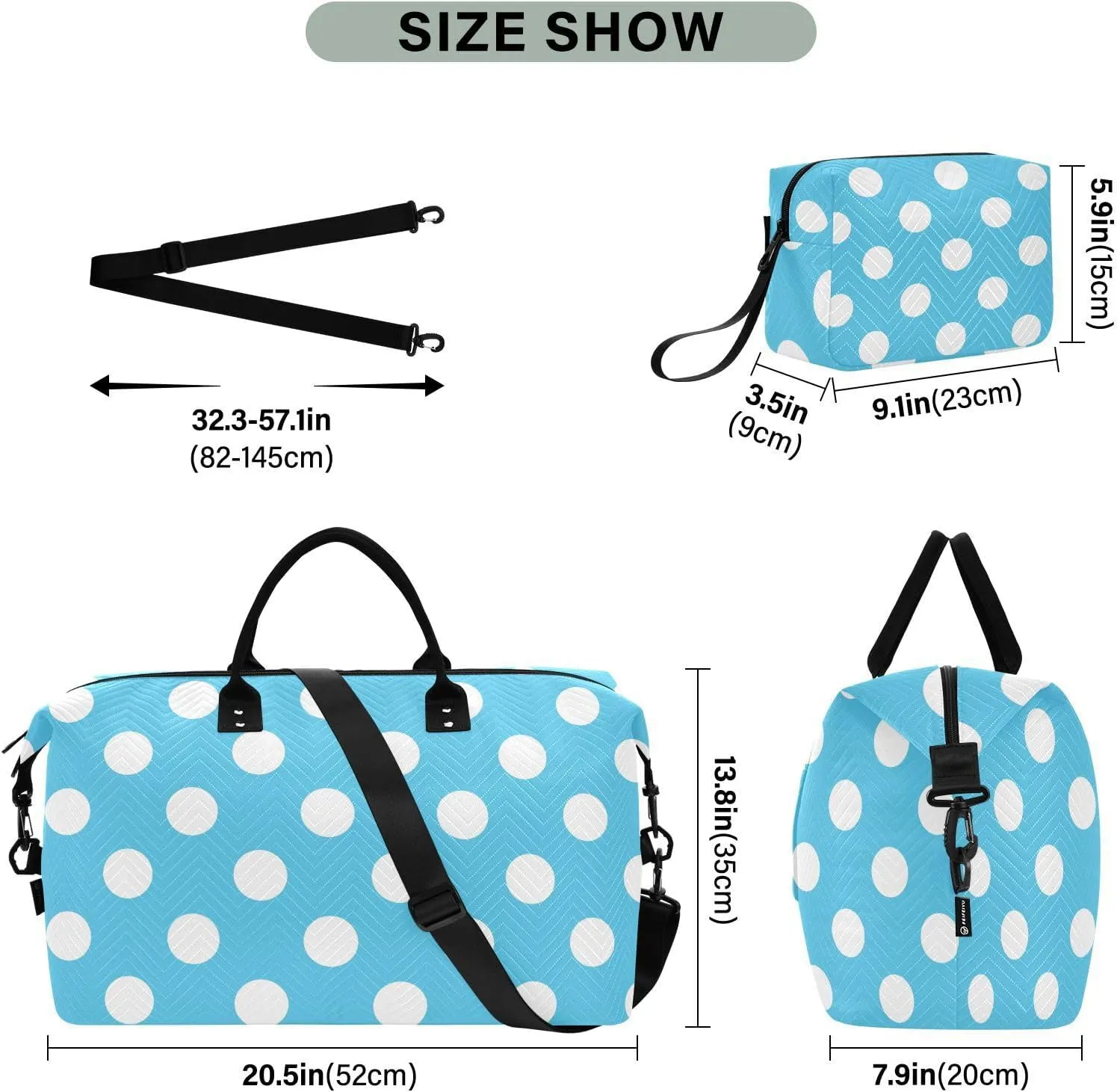 Blue Light Polka Dot Sports Gym Bag for Women Men Travel Duffel Bag Weekend Overnight Carry on Bag with Toiletry Bag Training Handbag for Workout Swimming Yoga Plane Hospital