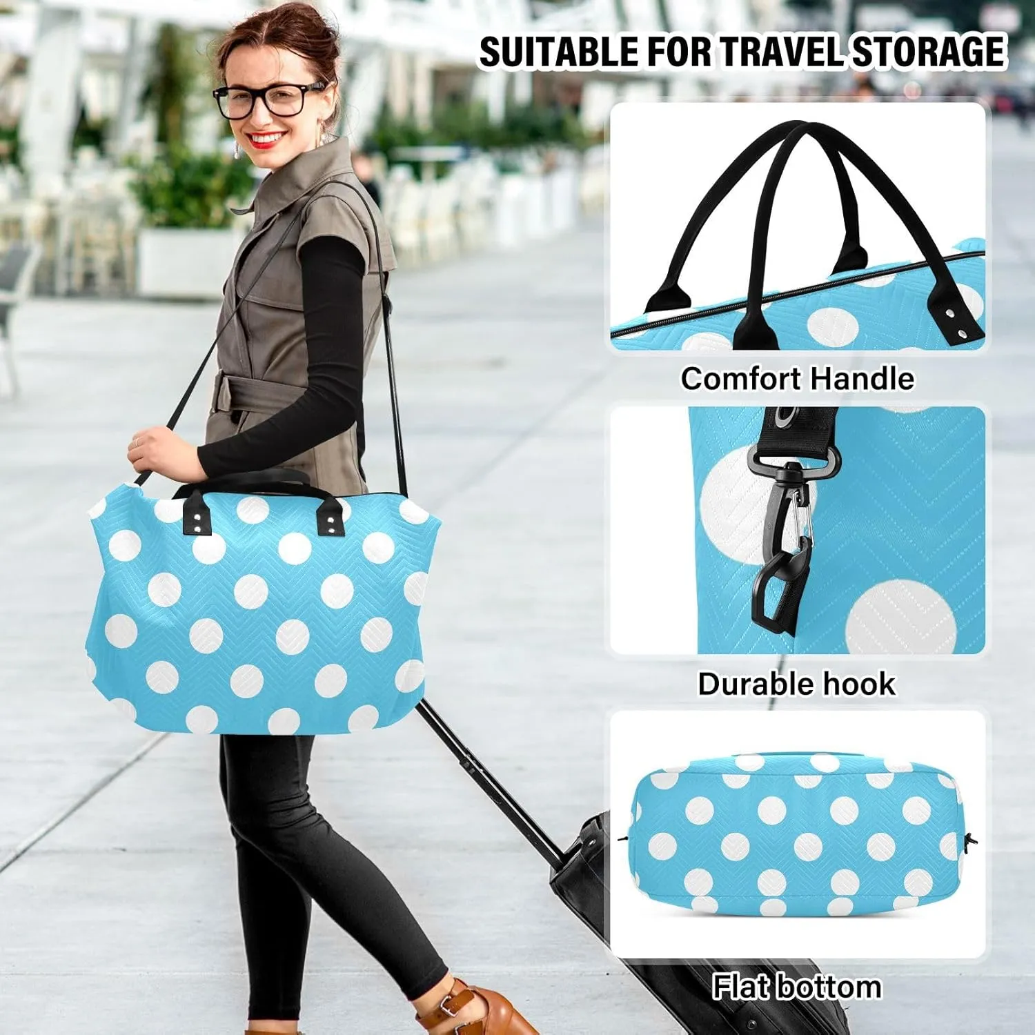 Blue Light Polka Dot Sports Gym Bag for Women Men Travel Duffel Bag Weekend Overnight Carry on Bag with Toiletry Bag Training Handbag for Workout Swimming Yoga Plane Hospital