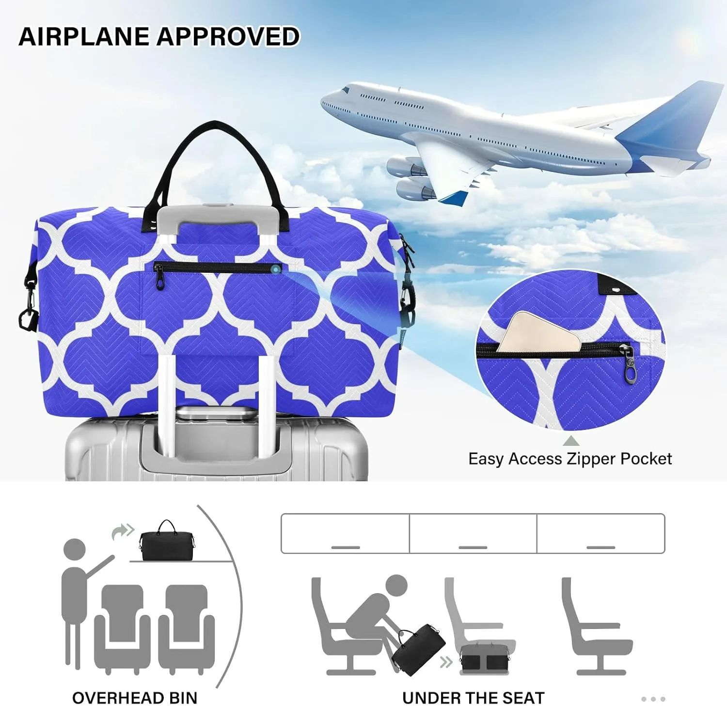Blue Moroccan Sports Gym Bag for Women Men Travel Duffel Bag Weekend Overnight Carry on Bag with Toiletry Bag Training Handbag for Plane Hospital Workout Swimming Yoga