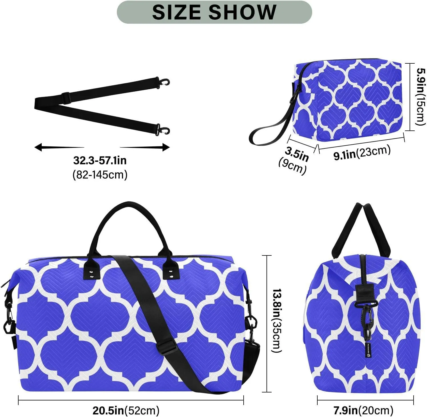 Blue Moroccan Sports Gym Bag for Women Men Travel Duffel Bag Weekend Overnight Carry on Bag with Toiletry Bag Training Handbag for Plane Hospital Workout Swimming Yoga
