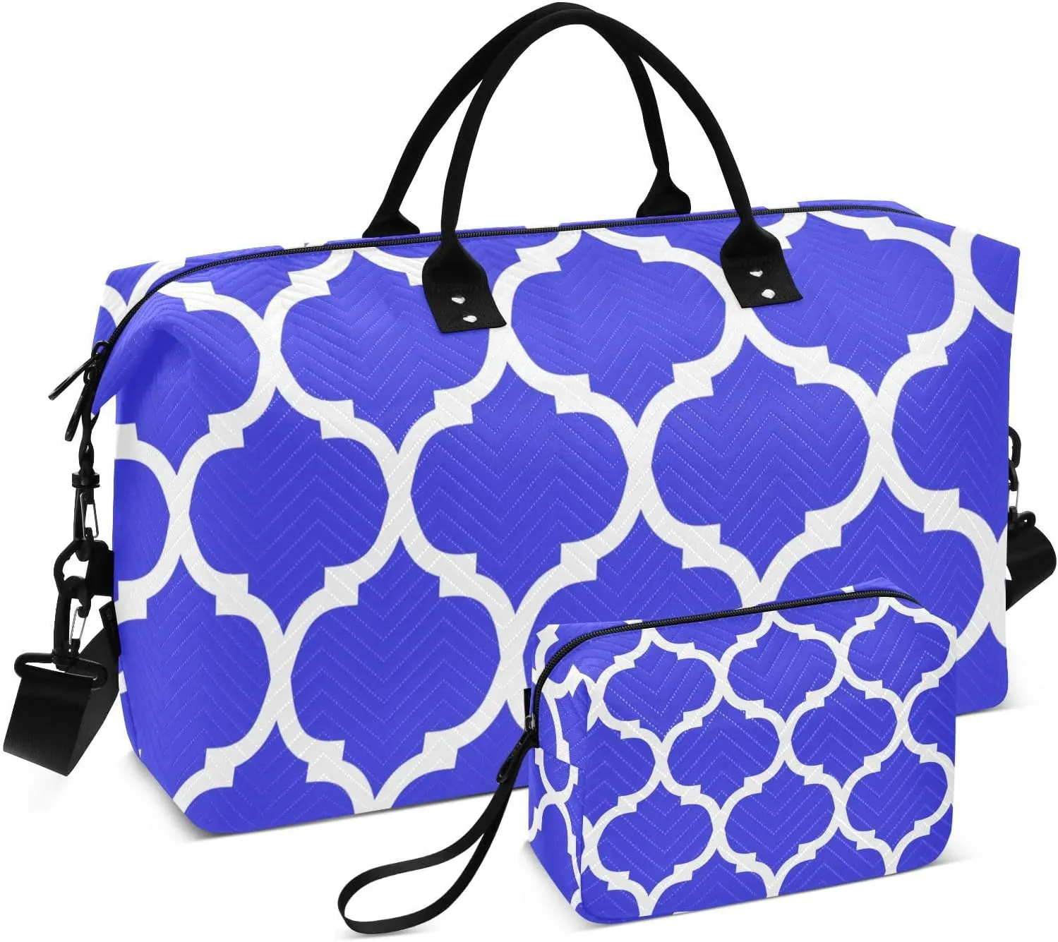 Blue Moroccan Sports Gym Bag for Women Men Travel Duffel Bag Weekend Overnight Carry on Bag with Toiletry Bag Training Handbag for Plane Hospital Workout Swimming Yoga