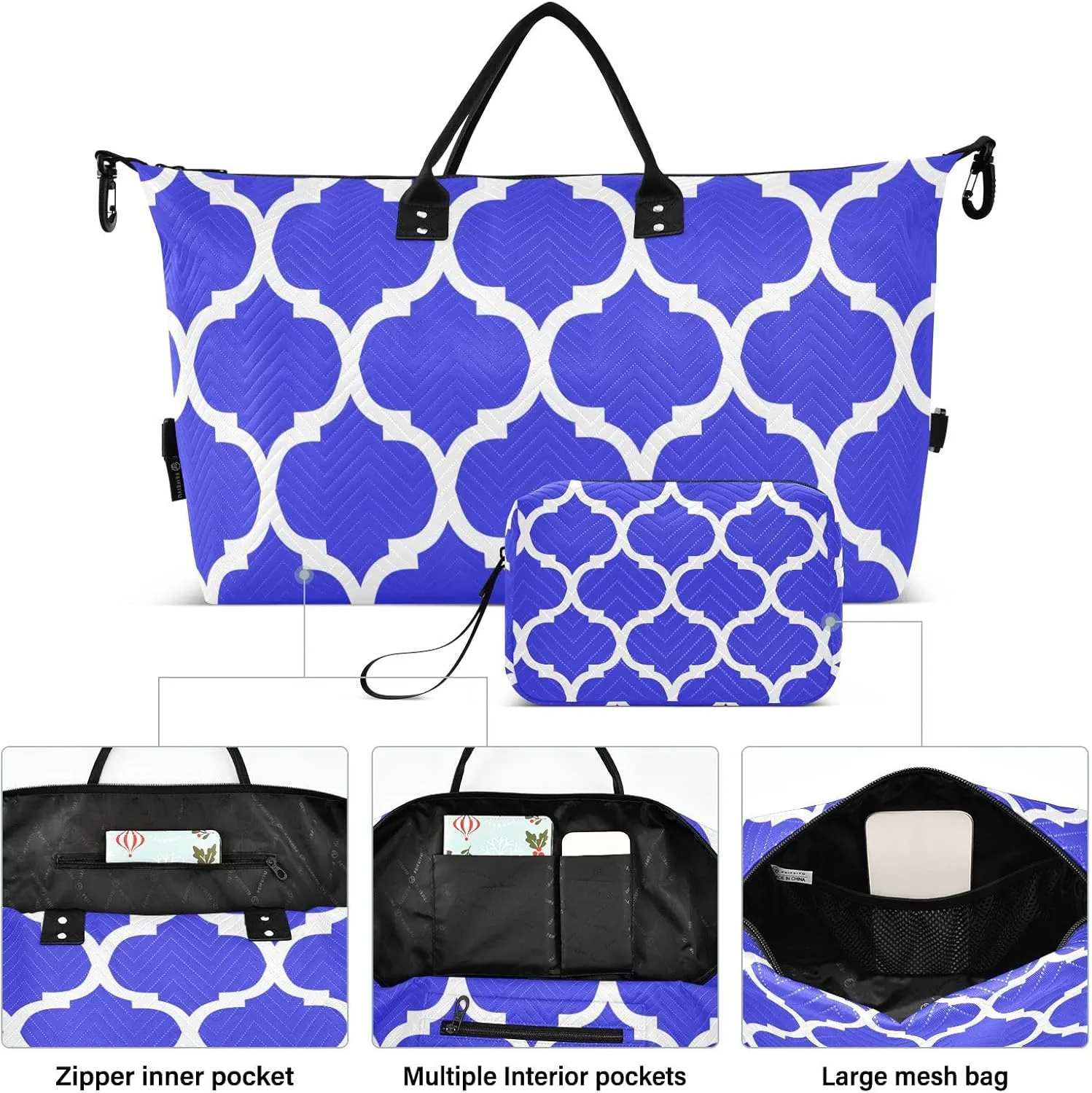 Blue Moroccan Sports Gym Bag for Women Men Travel Duffel Bag Weekend Overnight Carry on Bag with Toiletry Bag Training Handbag for Plane Hospital Workout Swimming Yoga