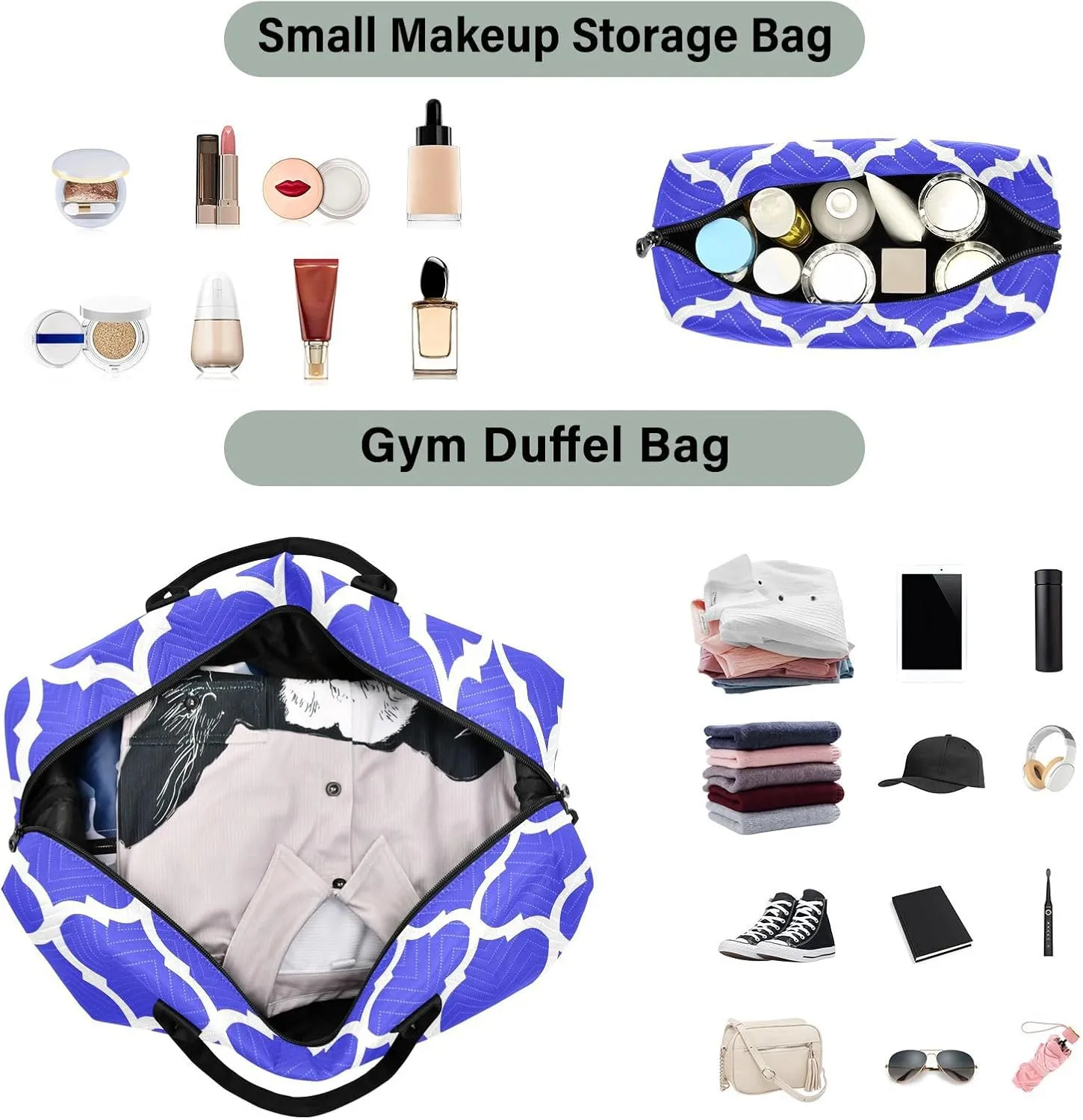 Blue Moroccan Sports Gym Bag for Women Men Travel Duffel Bag Weekend Overnight Carry on Bag with Toiletry Bag Training Handbag for Plane Hospital Workout Swimming Yoga