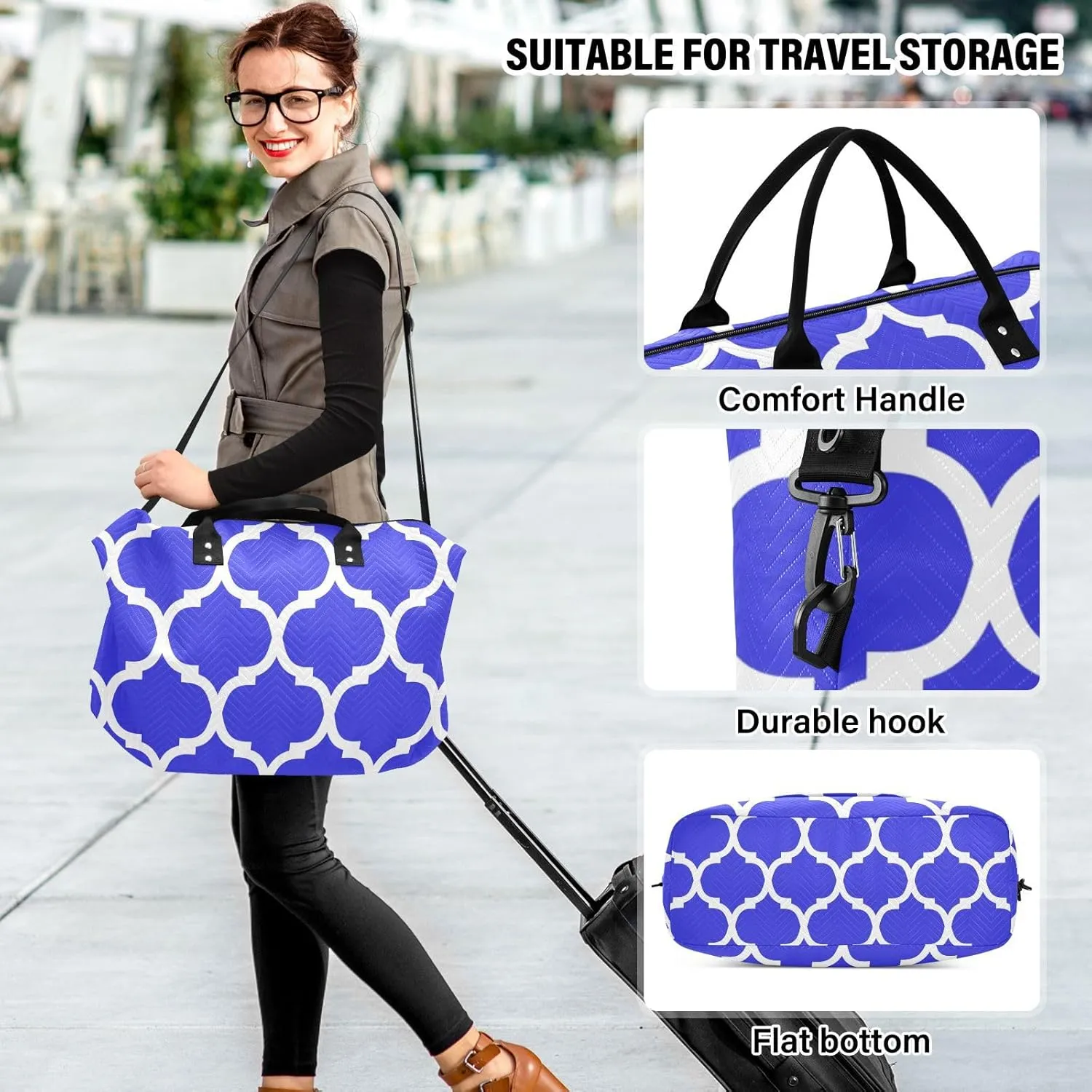 Blue Moroccan Sports Gym Bag for Women Men Travel Duffel Bag Weekend Overnight Carry on Bag with Toiletry Bag Training Handbag for Plane Hospital Workout Swimming Yoga
