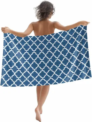 Blue Morocco Microfiber Sandproof Beach Towel for Pool Swimming, Farm Country Moroccan Geometric Plaid Quick Dry Absorbent Soft Towels for Bath Camping Travel, Lightweight Breathable 30"x60"