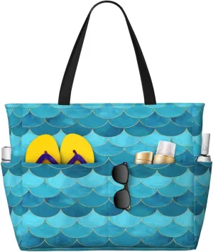 Blue Teal Ocean Mermaid Scale Beach Bag Large Waterproof Sandproof Tote Bag Women Zipper Travel Beach Bags Swim Pool Gym Shopping Grocery Handbag