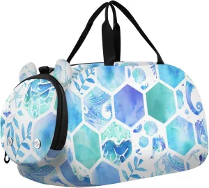 Blue Watercolor Hexagonal Tiles Duffel Bags for Boys Small Gym Bags for Teens Dance Bag for Girls