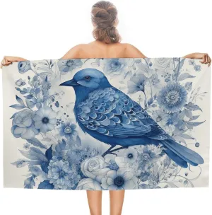 Bluebird and Flowers Beach Towel Oversized Beach Blanket Waterproof Sandproof Pool Towels 31x51 Inches Quick Drying Outdoor Travel Towel Summer Essentials for Travel, Camping, Hiking