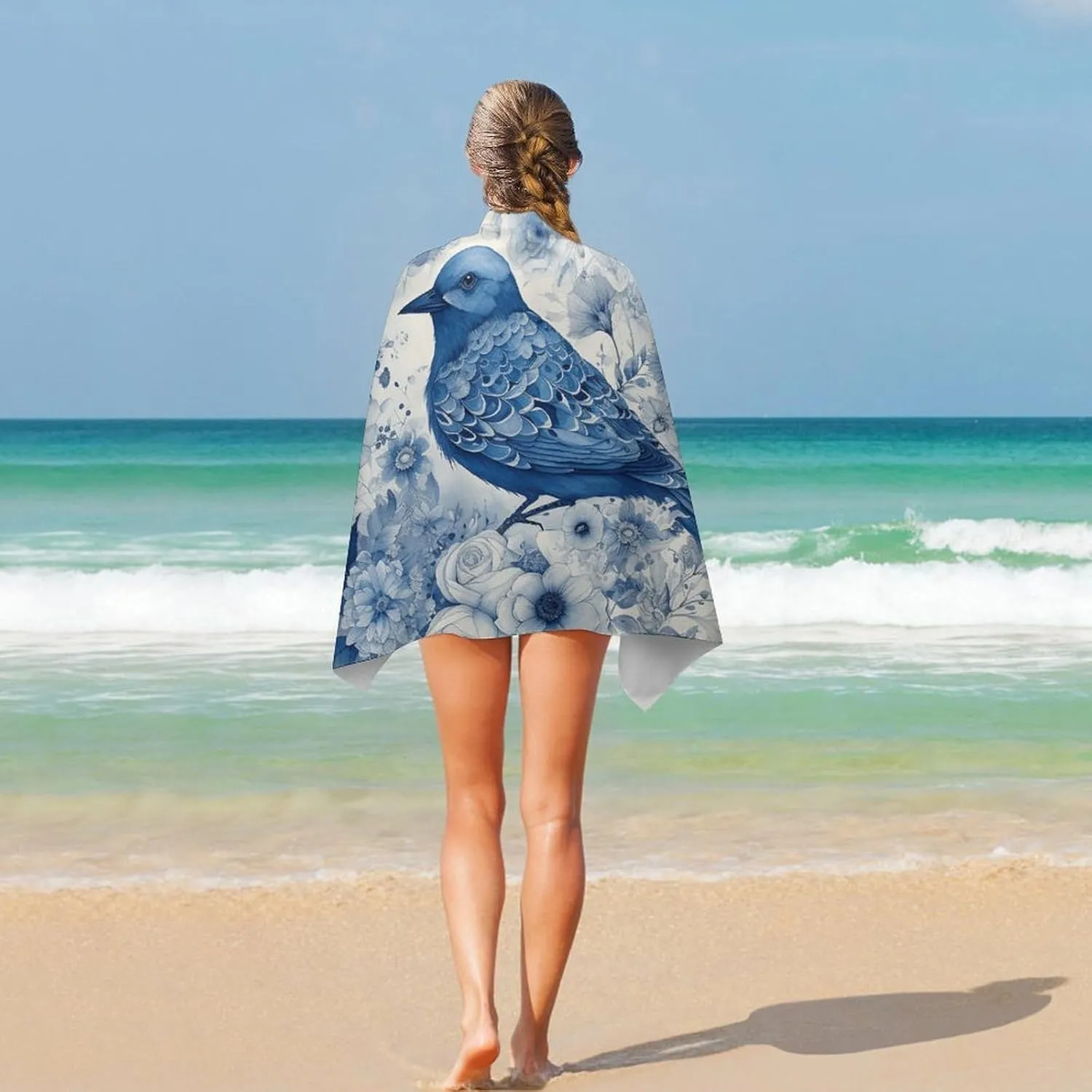 Bluebird and Flowers Beach Towel Oversized Beach Blanket Waterproof Sandproof Pool Towels 31x51 Inches Quick Drying Outdoor Travel Towel Summer Essentials for Travel, Camping, Hiking