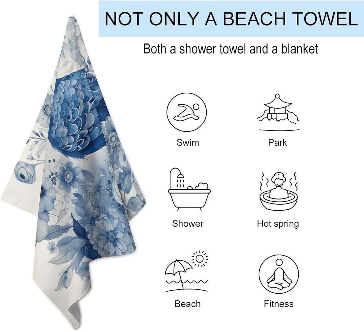 Bluebird and Flowers Beach Towel Oversized Beach Blanket Waterproof Sandproof Pool Towels 31x51 Inches Quick Drying Outdoor Travel Towel Summer Essentials for Travel, Camping, Hiking