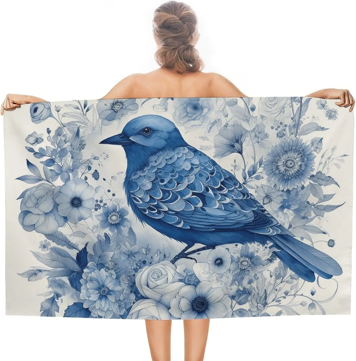 Bluebird and Flowers Beach Towel Oversized Beach Blanket Waterproof Sandproof Pool Towels 31x51 Inches Quick Drying Outdoor Travel Towel Summer Essentials for Travel, Camping, Hiking