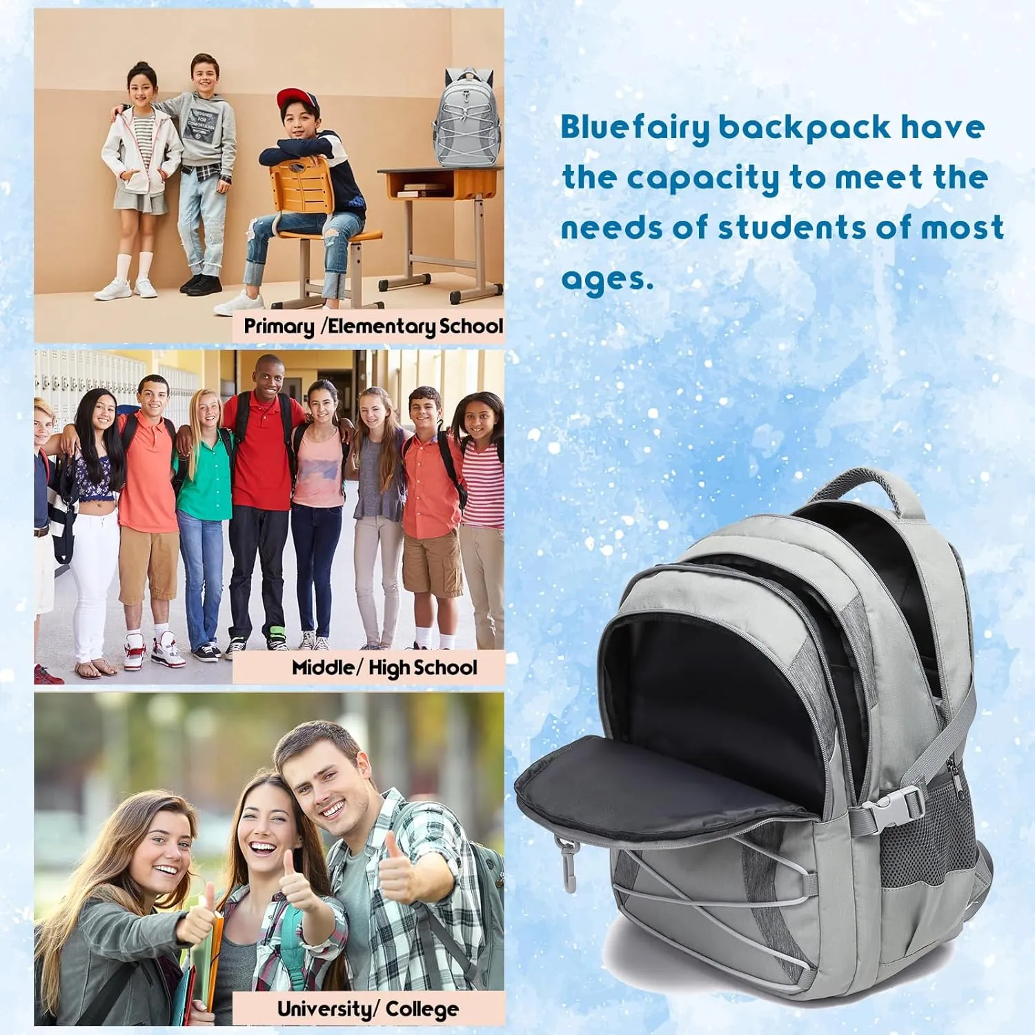BLUEFAIRY Middle High School Backpack for Boys Girls Large Bookbag with Laptop Compartment Back to School Book Bags for Teens Teenagers Mochilas Escolares para Niños Niñas (Light Gray/Gray, Solid)