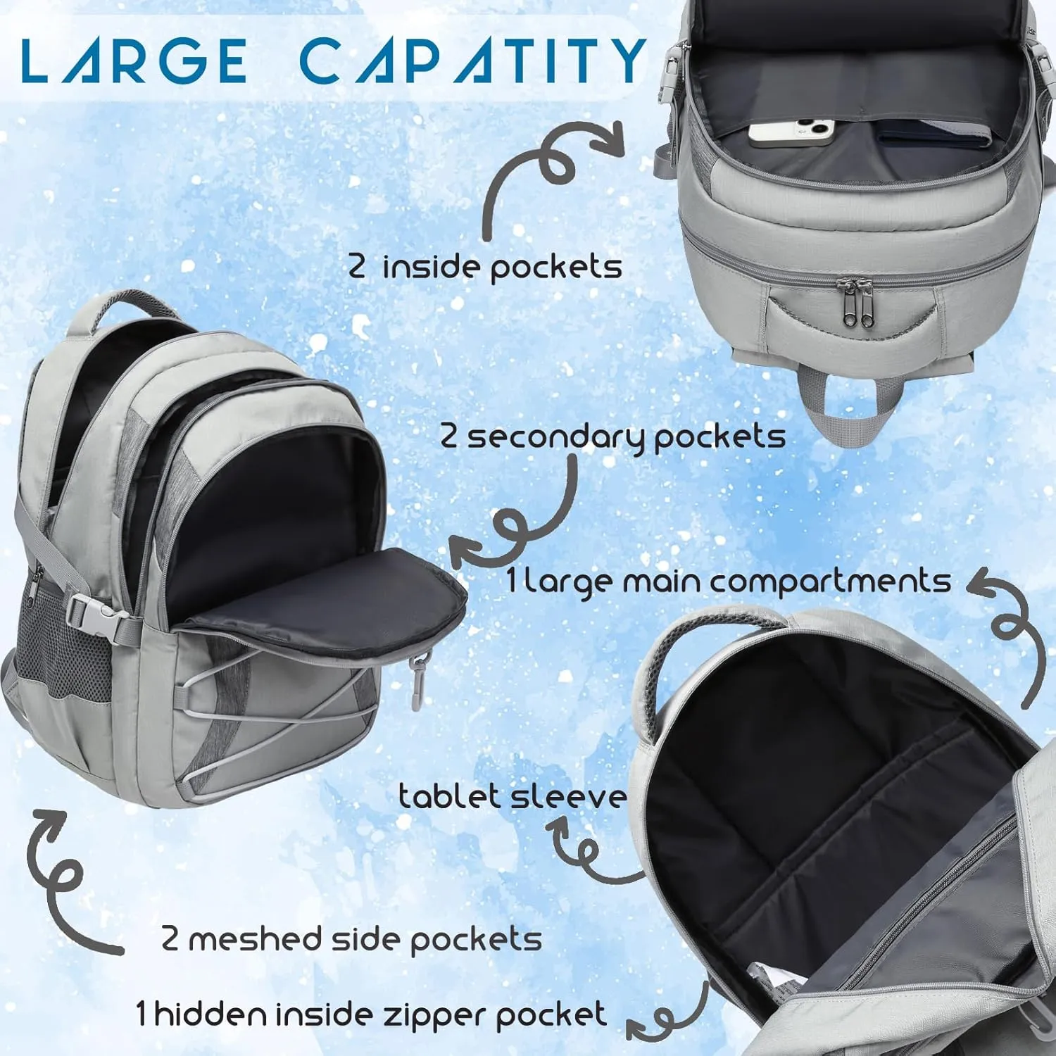 BLUEFAIRY Middle High School Backpack for Boys Girls Large Bookbag with Laptop Compartment Back to School Book Bags for Teens Teenagers Mochilas Escolares para Niños Niñas (Light Gray/Gray, Solid)