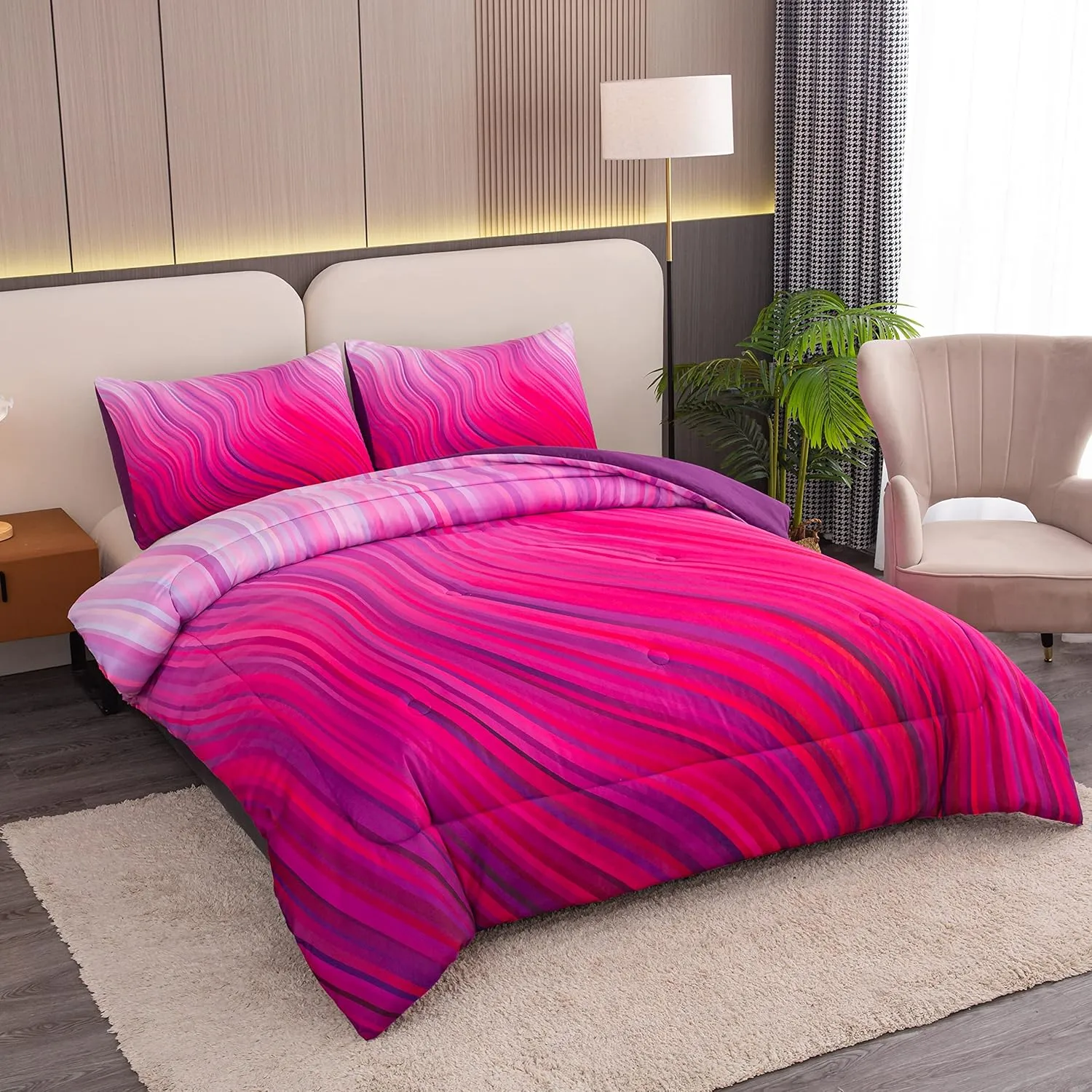 BODHI Girls Comforter Twin Size Red Pink Purple Bedding Set Pastel Pink Bed in A Bag Comforter Set Marble Abstract Art Bed Set Bright Girly Purple Comforter Bedding Set(Twin)