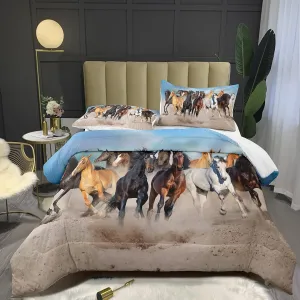 Bodhi Horse Comforter Set King for Girls Boys Kids,Horse Bedding Set,A Group of Horses Running on The Grassland,3D Printed Animal Comforter Sets,King Size,1 Horse Comforter   1 Pillowcase #4002