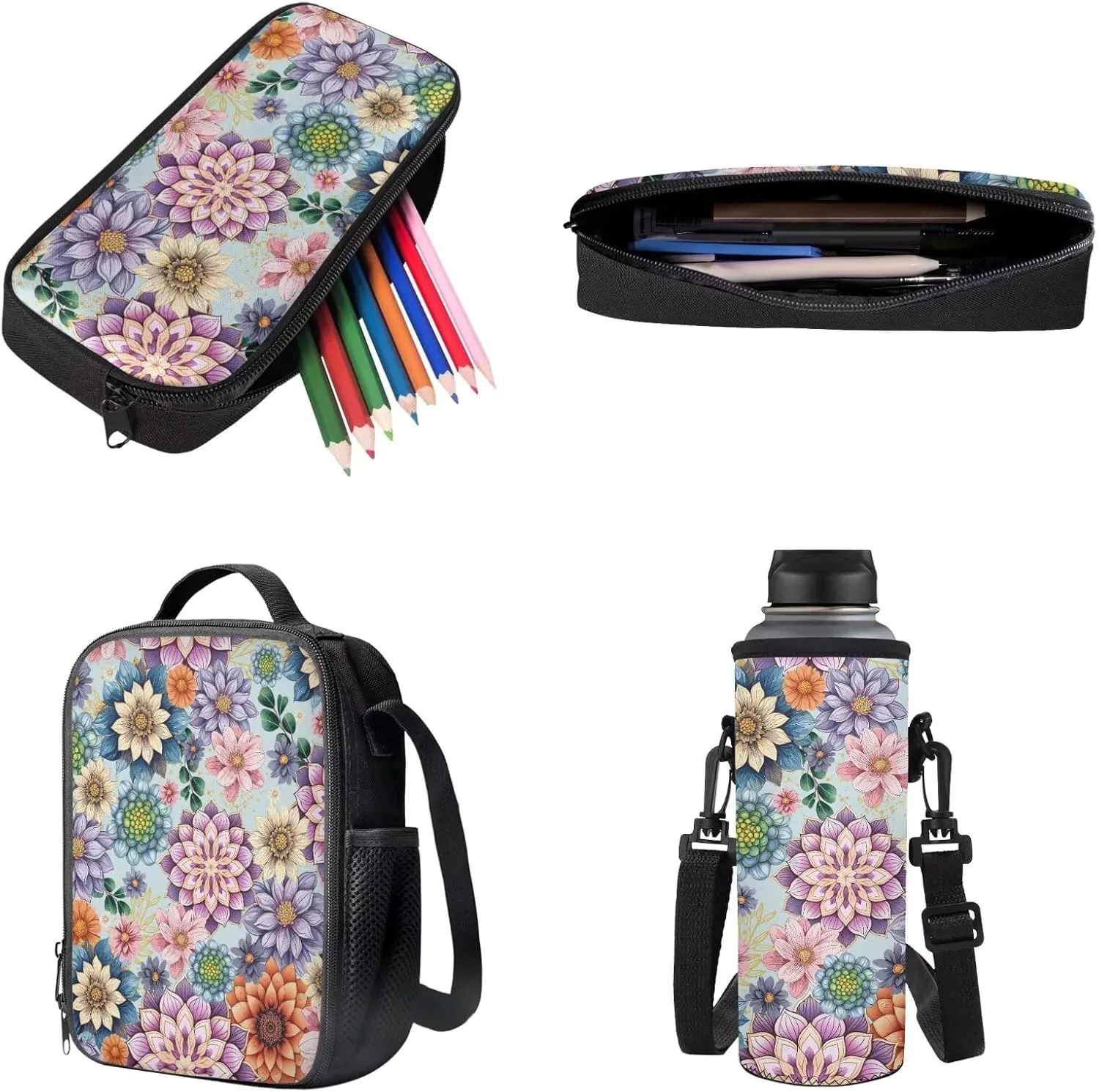 Boho Mandala Floral Pattern School Backpack 4Pcs Set 17" School Bag with Thermal Lunch Bag Pencil Case and Water Bottle Holder Back to School Gift for Kids