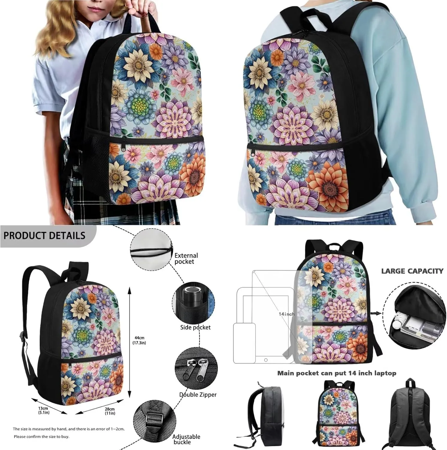 Boho Mandala Floral Pattern School Backpack 4Pcs Set 17" School Bag with Thermal Lunch Bag Pencil Case and Water Bottle Holder Back to School Gift for Kids